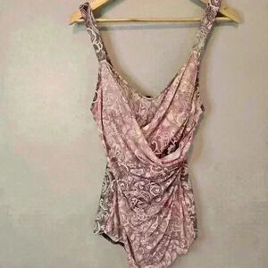 Lands' End Women's One Piece Pink Paisley Swimsuit 50s Style Size 12